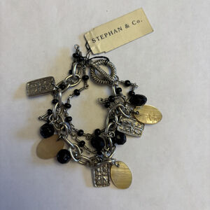 Stephan & Co. Silver Black Bead Charm Toggle Bracelet Cross Shell Medallion NWT